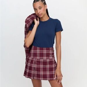 Hill house plaid Burgundy Skirt with Buckle Accents